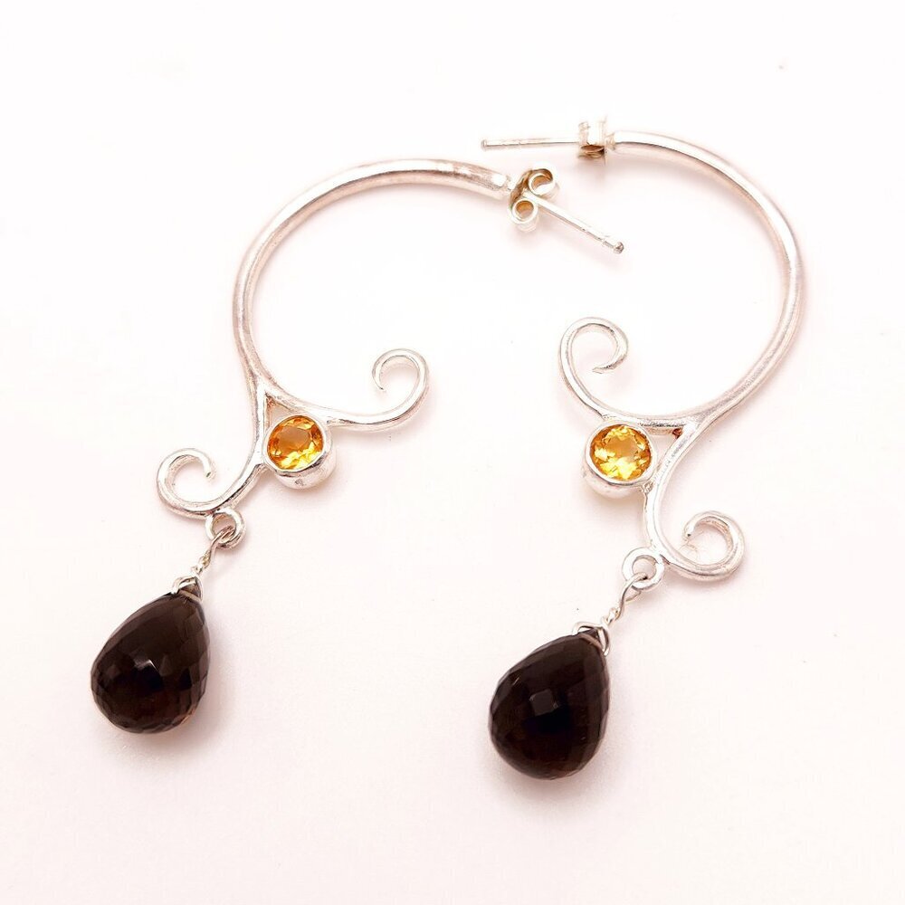 Citrine and Brown Topaz Teardrop Drop 925 Sterling Silver Scroll Work Earrings